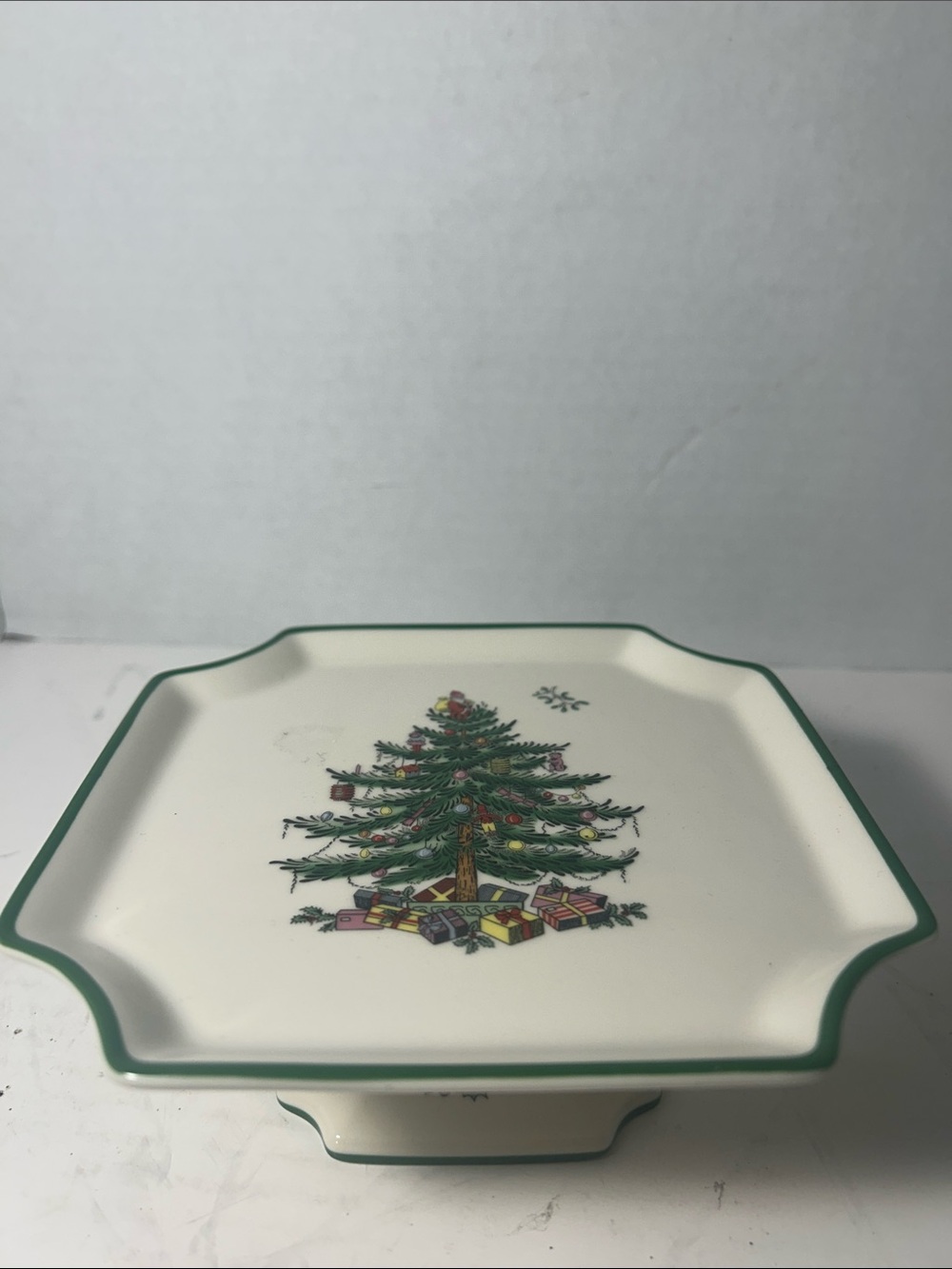 Spode Christmas Tree Pedestal Serving Plate in Cream with Green Trim 7 inch